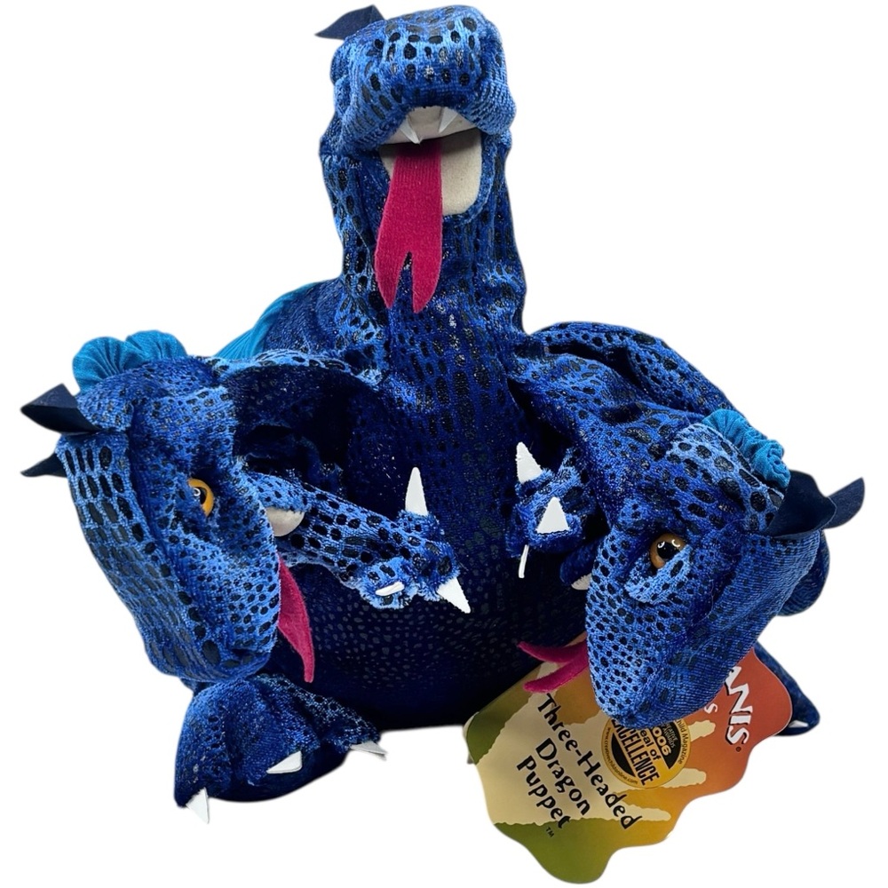 NWT Blue Three 3 Headed Folkmanis 12” Plush Hand Puppet Medieval Winged Dragon